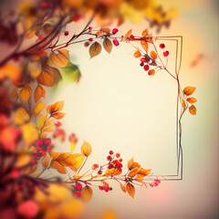Autumn background with wooden frame made from branches with autumn leaves, Generative AI