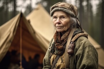 Obraz premium Old lady posing in front of a tent in a northern forest. Generative AI