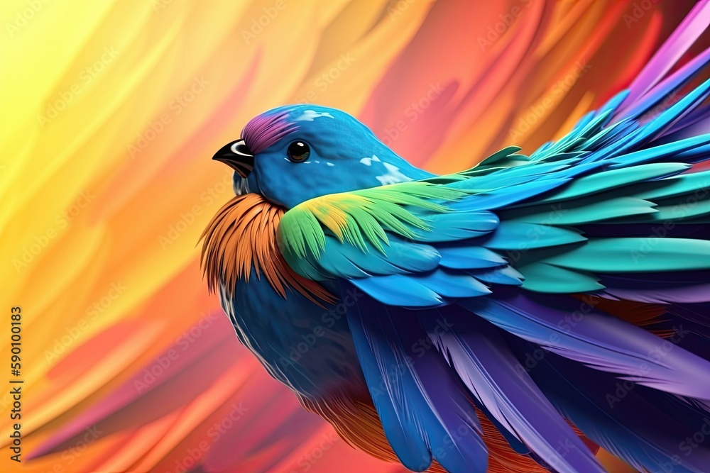 Poster 3d cartoon colorful feathers of the bird gleam in the sunlight, creating a stunning display of hues.