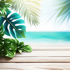 Summer background with green tropical palm leaves on wooden floor near thre sea, Generative AI