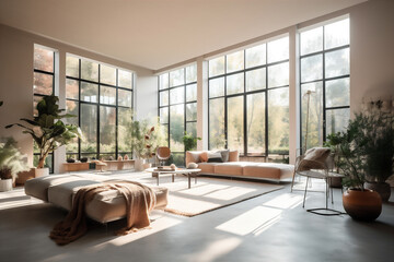 Spacious living room in luxury villa with sunlight. AI generated