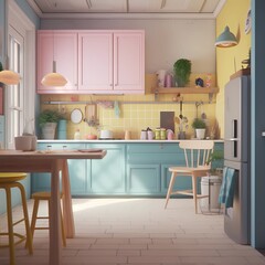 Cute Hyperrealistic Kitchen, Danish Pastel