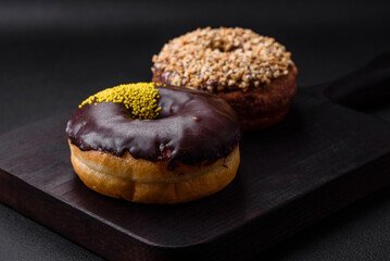 Delicious donut with cream filling and nuts on a dark concrete background