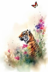 realistic watercolor painting of a cute baby tiger admiring tall lush pastel color wildflowers on a spring morning - generative ai
