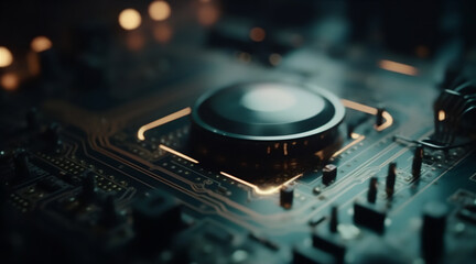 Fototapeta na wymiar Macro shot of a fantasy futuristic processor. Generative AI technology.
