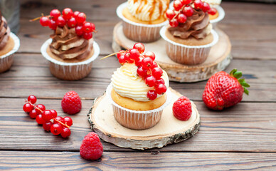 Chocolate and vanilla cupcakes decorated with fresh berries on rustic wooden background