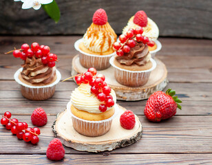 Chocolate and vanilla cupcakes decorated with fresh berries on rustic wooden background