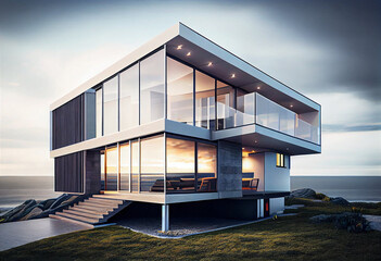 Modern home with sea view. AI generated