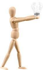 Wooden man figure with light bulb isolated on white background