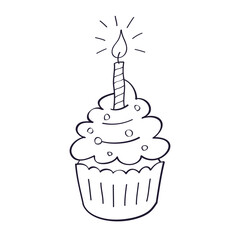 Cupcake with a candle cartoon doodle line icon, small birthday cake.