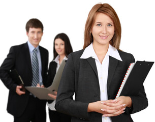 Young businessman and women working together in office isolated on white background