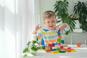 Fototapeta na wymiar A little boy plays with wooden toys and builds a tower. Educational logic toys for children. Montessori games for child development. Children's wooden toy.