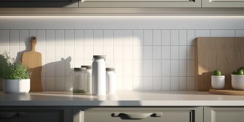 Modern kitchen background, countertop with kitchen utensils and empty space, generative ai