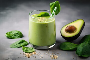 Healthy green smoothie with spinach, avocado and chia seeds, generative ai image