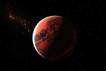 Bright red planet looms ominously in the distance, casting a reddish hue over everything. Generative AI