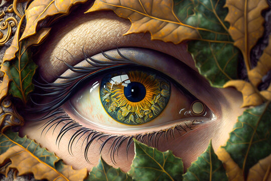 Abstract illustration of sunflower in human (woman) eye with leaves decoration. Woman looking at viewer. Environmental, mystic, natural, dark fantasy, witchcraft concept. Made with Generative AI