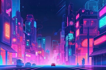 In the futuristic city illustration. Holographic billboards light up the night sky neon tone. Generative AI
