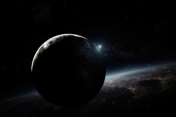Lone planet in the distance stands out against the inky blackness of space. Generative AI