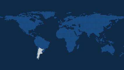 Argentina Marked on Dark Blue Pixel World Map: Geographic Exploration and Cartography