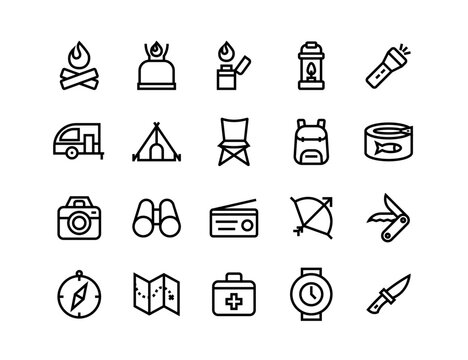 Camping icon set, summer vacation vector, adjustable line weight, fire, bonfire, compass, forest, oil lamp, chair, camper, arrow, swiss knife, binoculars, lighter, backpack, backpacking