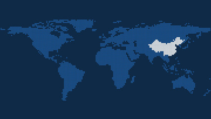China's Landmark on Dark Blue Pixel World Map