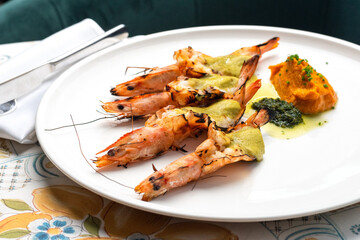 Grilled King Tiger Prawn with sauce food concept