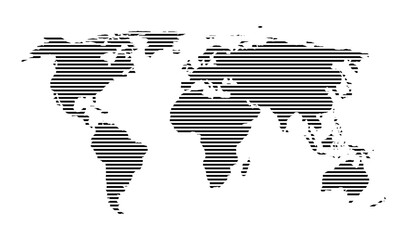 World map with horizontal lines. Stripes pattern of earth with continents. Design illustration of geography for business, technology and travel. Black graphic wallpaper of globe. Vector