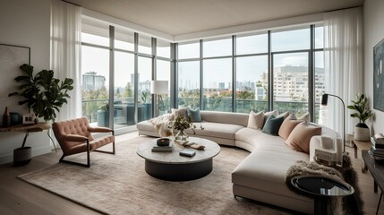 Fototapeta na wymiar A spacious and open Living Room with floor-to-ceiling windows and modern artwork, generative ai