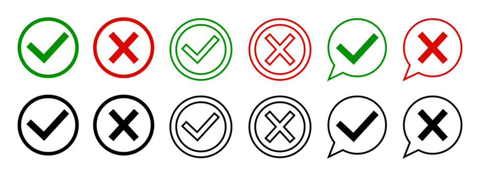 Checkmark and cross icons. Sign for negative or positive mark. Green, red and black buttons. Symbol of tick, check, incorrect, right, add and less. Flat pictogram icons. Vector