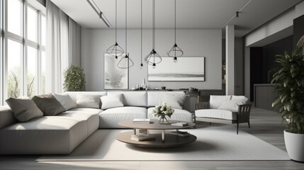Fototapeta na wymiar A minimalist Living Room boasts clean lines and a monochromatic color scheme, generative ai