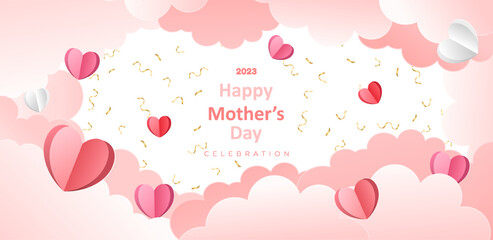 Mother's day greeting card with golden ribbon and paper cut hearts. Symbols of love on white background. Vector banner