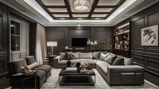 A Sophisticated Living Room With Silk And Velvet Textures, Enhanced By Recessed Lighting And A Coffered Ceiling, Generative Ai