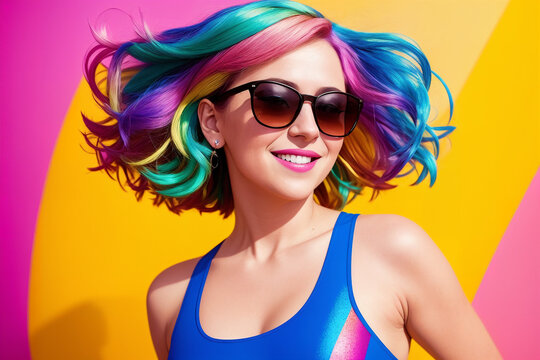 Portrait of a woman with colorful hair and sunglasses on a yellow and pink background with a bright blue top, summer vibrancy. Generative AI.