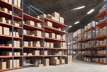 Warehouse, racks with boxes. Generative AI.