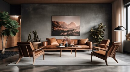 Fototapeta na wymiar A cozy Living Room with warm wooden accents and leather upholstered armchairs, contrasted by a concrete floor and abstract art, generative ai