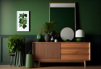 Modern interior with wooden sideboard, bed, mirror, painting & green wall. Includes mock up poster. Elegant personal accessories. Template. Generative AI