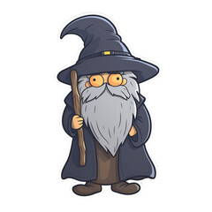 Grey beard wizard with blue hat and wooden rod; sticker
