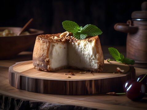 A piece of Yummy Cheesecake on Wooden Background. Low Key Food Photo. Generative Ai