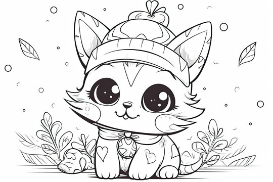 Coloring book page for kids. happy cute baby cat with Easter background. Generative AI.