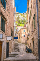 Historic town of Kotor narrow stone street view, Boka Kotorska