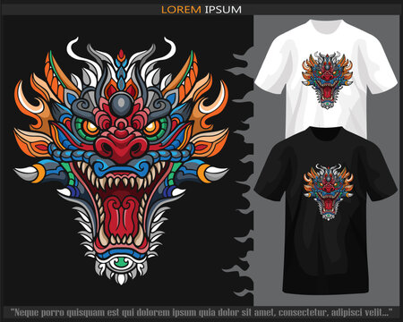 Colorful dragon head mandala arts isolated on black and white t shirt.