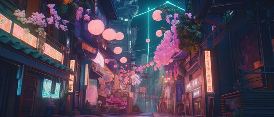 A scene from a night scene with a pink building