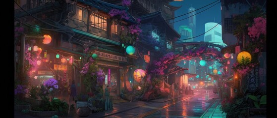 A scene from a night scene with a pink building