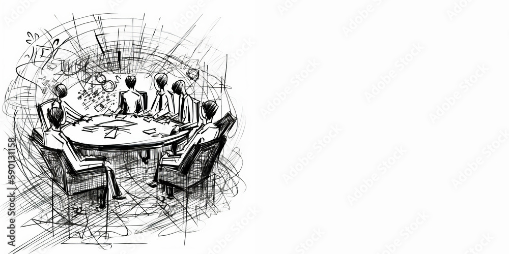 Fototapete a drawing of a man and woman sitting at a table with a computer. generative ai