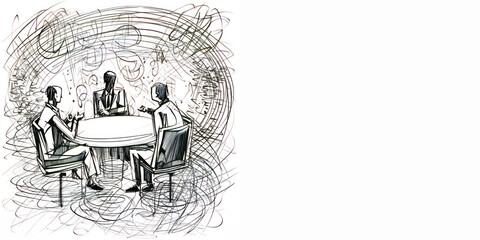 Fototapeta na wymiar A drawing of a man and woman sitting at a table with a computer. Generative AI