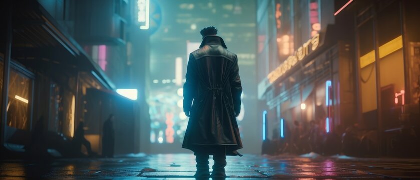 A man walks down a street in a neon city. Generative AI