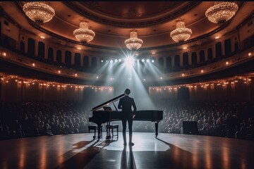 Fictional musician at the piano on the big stage of a luxury concert hall made with generative AI