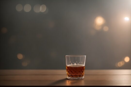 Scotch whiskey glass with an empty background for advertising. Bottle and glasses of cold cognac on dark wooden background. Generative AI