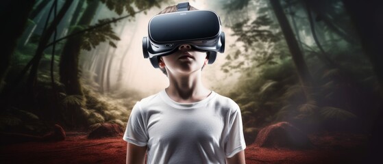 A boy wearing a virtual reality headset stands in front. Generative AI