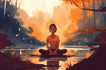  a woman meditating in a quiet place surrounded by nature, concept to manage stress and improve self-confidence, resilience Personal Growth and Reflection, generative AI